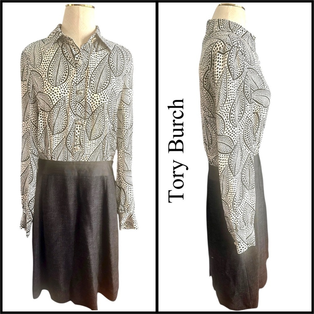 Tory Burch Classic Silk Monochrome Dotted Leaf Print Dress Size 8 - Picture 2 of 12